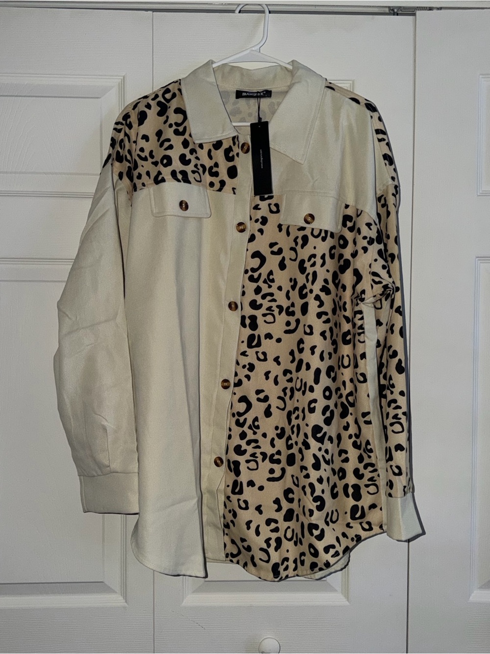 Allegra K Cream and Leopard Print Button-Up Shacket